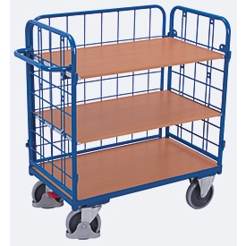 Chariot à étagères grillagées, acier/plaque MDF, décor bleu gentiane/hêtre, 1 étagère, 850 x 500 mm, panneau latéral à accrocher, EasySTOP, jusqu'à 400 kg