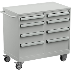 Chariot à outils Treston TWIN 3 ESD, support en acier, jusqu'à 300 kg, 8 tiroirs, verrouillable, barre de poussée, acier, gris clair RAL 7035