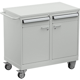 Chariot à outils Treston TWIN 4 ESD, support en acier, jusqu'à 300 kg, 9 tiroirs, verrouillable, barre de poussée, acier, gris clair RAL 7035