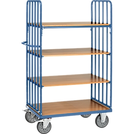 Chariot à plateaux, 4 plateaux en bois, jusqu'à 600 kg, parois frontales avec entretoises, 1000 x 600 mm, acier, bleu