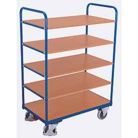 Chariot à plateaux, acier/MDF, décor bleu gentiane/hêtre, 5 plateaux, 850 x 500 mm, EasySTOP, jusqu'à 250 kg