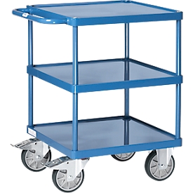 Chariot à plateaux Fetra 2416W, jusqu'à 500 kg, 3 plateaux avec bacs, surface de chargement L 600 x l 600 mm, pneus TPE, poignée de poussée, acier, bleu brillant