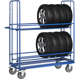 Chariot à pneus Fetra 4596, jusqu'à 400 kg, 2 étages avec supports de pneus à accrochage variable, surface de chargement L 1420 x l 610 mm, plancher en treillis métallique, pneus TPE
