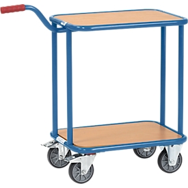Chariot à poignée, avec 2 plateformes en bois, L 600 x l. 450 mm, jusqu'à 250 kg, fils en acier, bleu