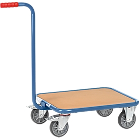 Chariot à poignée, fond en bois, L 600 x l. 500 mm, jusqu’à 250 kg, fils en acier, bleu