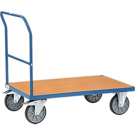 Chariot à poussoirs, acier/bois, hêtre bleu, jusqu'à 600 kg, L 1000 x l 600 mm, pneus TPE