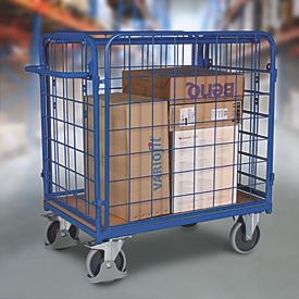 Chariot à quatre parois, acier/MDF, décor bleu gentiane/hêtre, L 850 x l 500 mm, charge max. 925 mm, panneaux latéraux à accrocher, EasySTOP, jusqu'à 400 kg