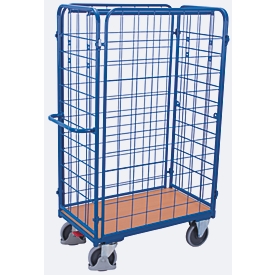 Chariot à quatre parois, panneau acier/MDF, décor bleu gentiane/hêtre, L 850 x l 500 mm, hauteur de chargement 1525 mm, panneaux latéraux à accrocher, EasySTOP, jusqu'à 400 kg
