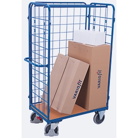 Chariot à trois parois, acier/MDF, décor bleu gentiane/hêtre, L 850 x l 500 mm, charge max. 1525 mm, panneau latéral à accrocher, EasySTOP, jusqu'à 400 kg