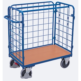 Chariot à trois parois, acier/MDF, décor bleu gentiane/hêtre, L 850 x l 500 mm, charge max. 925 mm, panneau latéral à accrocher, EasySTOP, jusqu'à 400 kg