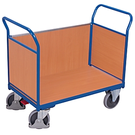 Chariot à trois parois, panneau acier/MDF, décor bleu gentiane/hêtre, L 850 x l 475 mm, panneau latéral amovible, roulettes TPE avec EasySTOP, jusqu'à 400 kg