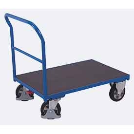 Chariot à usage intensif, acier/plaque de sérigraphie, bleu gentiane/marron foncé, L 1025 x l 700 mm, avec traverse, roulettes en caoutchouc solide avec EasySTOP, jusqu'à 1000 kg