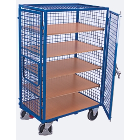 Chariot d'armoires, panneau acier/MDF, décor bleu gentiane/hêtre, 5 étagères, 1045 x 685 mm, toit et porte à double battant, verrouillable, EasySTOP, jusqu'à 500 kg