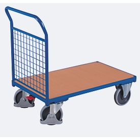 Chariot d'extrémité, panneau acier/MDF, décor bleu gentiane/hêtre, L 880 x l 500 mm, paroi latérale grillagée, roulettes TPE avec EasySTOP, jusqu'à 400 kg