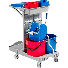 Chariot de nettoyage Poly II, 2 seaux de 4 L, 2 seaux de 15 L, presse à mâchoires et porte-balai