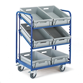 Chariot de préparations de commandes Rollcart, pour bacs Euros, avec 3 étages  avec fond ouvert, L820 x l. 620 x H 1350 mm, capacité de charge 200 kg, livré avec 6 bacs Euro
