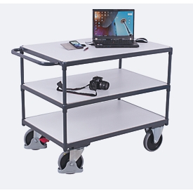 Chariot de table ESD à usage intensif, acier/panneau de particules, gris graphite/gris clair, 3 plateaux, L 1000 x l 600 mm, roulettes TPE avec EasySTOP, jusqu'à 500 kg