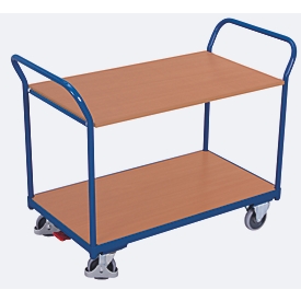 Chariot de table, panneau acier/MDF, décor bleu gentiane/hêtre, 2 plateaux, L 850 x l 500 mm, roulettes TPE avec EasySTOP, jusqu'à 200 kg