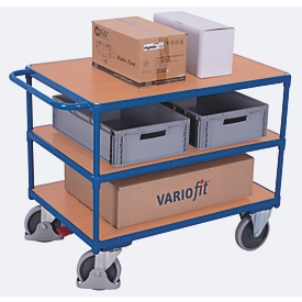 Chariot de table robuste, panneau acier/MDF, décor bleu gentiane/hêtre, 3 plateaux, L 1000 x l 600 mm, roulettes TPE avec EasySTOP, jusqu'à 500 kg