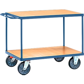 Chariot de transport  à 2 étages  Fetra, L 850 x l. 500 mm, capacité de charge 600 kg, avec roulettes en TPE,  bleu brillant RAL 5007