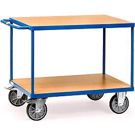 Chariot de transport, acier/bois, 2 étages, L 1200 x l. 800 mm, jusqu’à 600 kg, coloris bleu brillant/hêtre