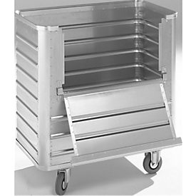 Chariot de transport en aluminium, côté long rabattable, 355 litres, sans couvercle