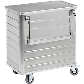 Chariot de transport en aluminium, volume 355 L, 2 parois longitudinales rabattables, avec couvercle