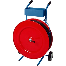 Chariot dérouleur, pour système de cerclage avec feuillard plastique, pour feuillard PP de B 13/16 mm & Ø mandrin 406 mm, bac de rangement, frein à étrier, tôle d'acier, rouge-bleu