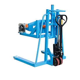 Chariot élévateur pour fûts FHR 600 F Bauer,, acier, plage de rotation de 360°, pour fûts jusqu'à 220 l, L 1125 x P 1200 x H 1330 mm, bleu