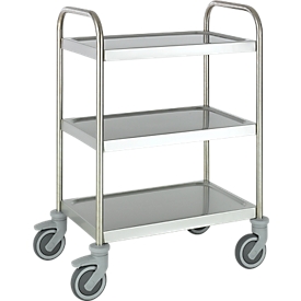 Chariot en inox, 3 étages, l. 675 x P 445 mm, roulettes caoutchouc plein, capot de roulettes en plastiqu
