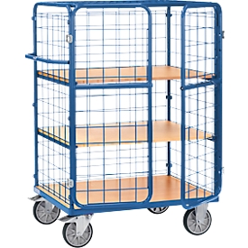 Chariot grillagé Fetra 8481-3DE, jusqu'à 600 kg, porte battante verrouillable avec toit, 3 niveaux avec étagères en bois composite, surface de chargement L 1000 x l 600 mm, pneus TPE
