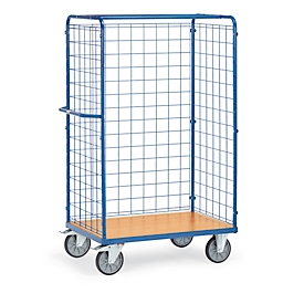 Chariot grillagé fetra®, roulettes pivotantes et fixes, jusqu'à 600 kg, L 1169 x l 709 x H 1800 mm, acier et bois, bleu brillant RAL 5007 et finition hêtre
