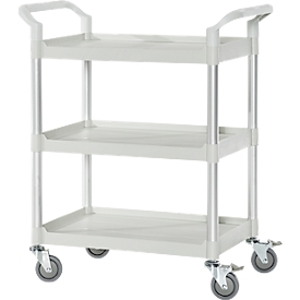 Chariot polyvalent, 4 roulettes pivotantes TPR avec 2 freins, 3 plateaux, L 680 x l 450 mm, plastique/aluminium, gris clair/argent alu 