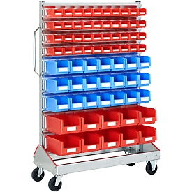 Chariot pour bacs à bec, d'un côté, l. 1130 x P 510 x H 1705 mm, 40 x 0,7 L rouge, 21 x 3 L bleu, 10 x 7,5 L rouge