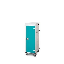 Chariot pour ordinateur portable avec fonction de chargement, verrouillage 2 points, prise CH, frein de stationnement, 10 compartiments, L 530 x P 1250 x H 500, turquoise