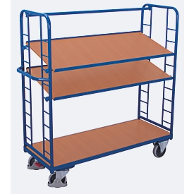 Chariots à étagères, acier/MDF, décor bleu gentiane/hêtre, 3 étagères, 1355 x 550 mm, panneaux d'extrémité avec renforts en acier rond, EasySTOP, jusqu'à 250 kg