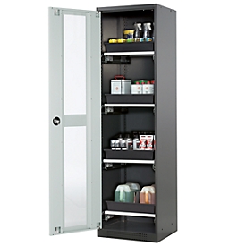 Chemicaliënkast, vleugeldeur en glasplaat, 4 uittrekbakken, H 1950 mm, lichtgrijs