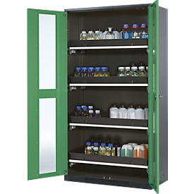 Chemicaliënkast, Vleugeldeur met glasplaat, 4 uittrekbare bakken, 1055x520x1950 mm, resedagroen