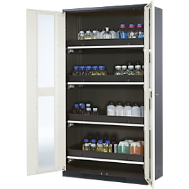 Chemikalienschrank, Flügeltür m. Glasauschnitt, 4 Auszugswannen, 1055x520x1950 mm, reinweiß