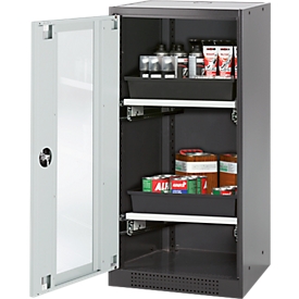 Chemikalienschrank, Flügeltür und Glasausschnitt, 2 Auszüge, H 1105  mm, lichtgrau