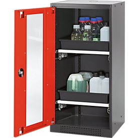 Chemikalienschrank, Flügeltür und Glasausschnitt, 2 Auszüge, H 1105  mm, verkehrsrot