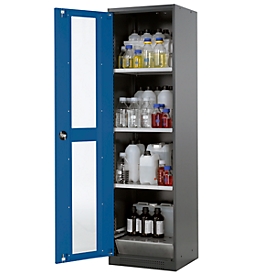 Chemikalienschrank, Flügeltür und Glasausschnitt, 3 Böden, H 1950 mm, enzianblau