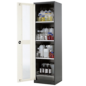 Chemikalienschrank, Flügeltür und Glasausschnitt, 3 Böden, H 1950 mm, reinweiß