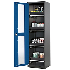 Chemikalienschrank, Flügeltür und Glasausschnitt, 4 Auszüge, H 1950 mm, enzianblau