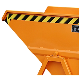 Chip tipping trough Bauer SKS 400, steel, orange, W 1220 x D 1050 x H 1115 mm, 400 l, up to 1000 kg, rollers, drain cock, manual tipping device