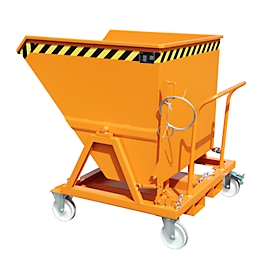 Chip tipping trough Bauer SKS 700, steel, orange, W 1345 x D 1200 x H 1275 mm, 700 l, up to 1000 kg, rollers, drain cock, manual tipping device