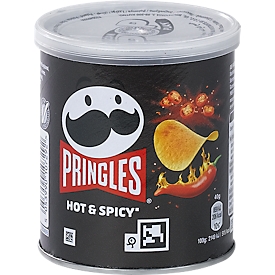 Chips Pringles Hot &amp; Spicy, veganistische aardappelchips met een hete en pittige smaak, 12 blikjes van 40 g per stuk, in een doosje