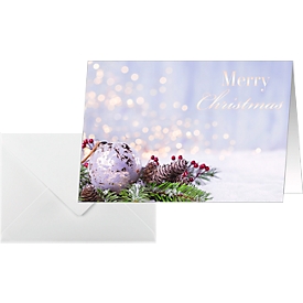 Christmas cards Sigel Charmful Christmas, A6, Christmas bauble motif, suitable for printer/copier, envelopes, FSC® paper, green-purple, 25 pieces