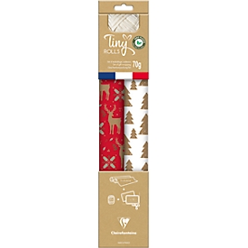 Clairefontaine cadeauverpakkingsset, rood-wit, 2 Tiny rollen inpakpapier L 5 m x B 350 mm, cadeaulint L 20 m &amp; 10 cadeaulabels