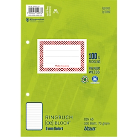 Classeur à anneaux Green Ursus, format A5, ligné, 100 feuilles